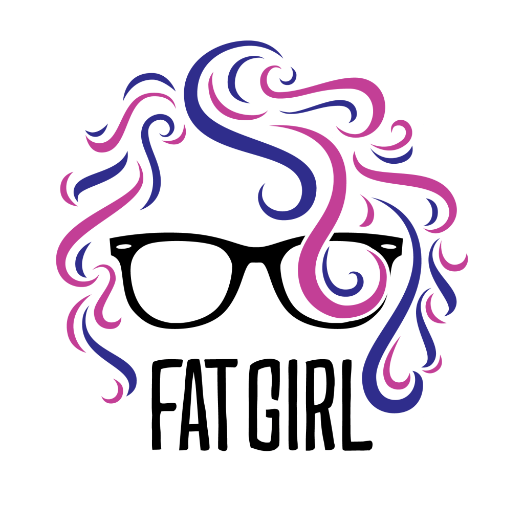 The Fat Girl logo is a minimalist illustration featuring a pair of large-rimmed hipster glasses surrounded by curly jaw-length pink and purple hair. The words "FAT GIRL" appear in caps where the face's mouth and chin would be.