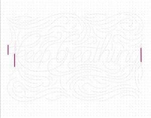 Screenshot of my iPad screen. The artwork and dot grid are dimmed, but there are 3 fuchsia vertical lines on the artwork, indicating where the swash of the "k" ends, where the stem of the "k" meets the baseline, and where the top of the stem of the "g" meets the mean.